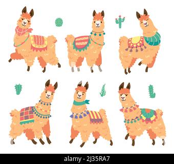 Adorable alpaga avec différentes émotions isolées sur fond blanc. Ensemble vectoriel de mascotte de dessin animé, adorable lama souriant, heureux, triste et surpr Illustration de Vecteur