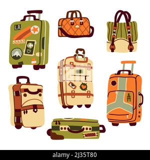 Sacs à bagages, valises et sacs à dos pour le voyage et les vacances. Ensemble de sacs de voyage Vector Flat pour bagages et valises à roulettes, ceintures et St Illustration de Vecteur