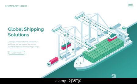 Page d'accueil isométrique des solutions d'expédition mondiales. Logistique de transport, compagnie de service de livraison de port de navire, transport de fret de camion, expor mondial Illustration de Vecteur