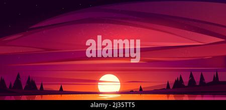 Coucher de soleil sur le lac, ciel rouge avec le soleil descendant l'étang entouré d'arbres. Belle nature paysage paysage paysage, le soir vue sur le ciel avec shi Illustration de Vecteur