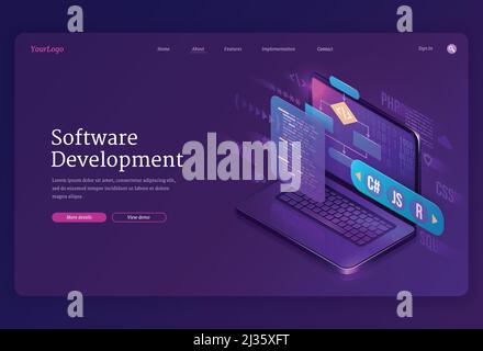 Page d'accueil isométrique développement de logiciels. Codage de site Web ou de programme entre plates-formes, interface de langages de programmation d'algorithmes sur écran d'ordinateur, t Illustration de Vecteur