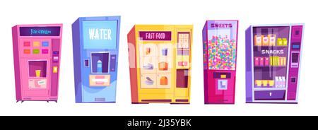 Distributeurs automatiques avec en-cas, restauration rapide, eau, crème glacée et bonbons. Ensemble de dessins animés vectoriels de distributeurs automatiques pour la vente de nourriture, bonbons et boissons Illustration de Vecteur