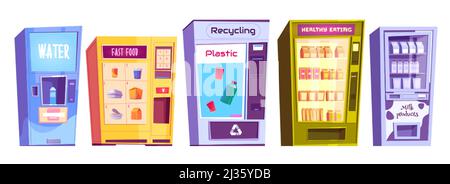 Distributeurs automatiques pour le recyclage du plastique, de l'eau, des collations fastfood, des produits laitiers et des aliments sains au détail. Service fournisseur, concept d'entreprise automatique. C Illustration de Vecteur