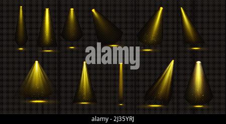 Lumières de scène, faisceaux de spot jaune avec des étincelles d'or, éléments lumineux pour scène de studio ou de théâtre, rayons de lampe pour concert, spectacle, présentation isola Illustration de Vecteur