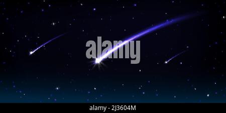 Comètes, astéroïdes ou météores tombant avec une flamme bleue dans le cosmos. Illustration réaliste de vecteur du ciel noir avec des étoiles, des météorites qui volent Illustration de Vecteur