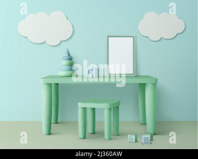 Table pour enfants avec maquette d'affiche, chaise, cubes de jouets, décoration pyramide et nuage sur le mur. Intérieur de la salle de jeux pour enfants avec mobilier en bois et objets pour gam Illustration de Vecteur