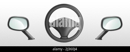 Volant de voiture et rétroviseurs latéraux, gouvernail et lunettes pièces automobiles. Détails automatiques classiques ou accessoires isolés sur fond transparent Illustration de Vecteur