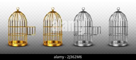 Cages à oiseaux, cages à oiseaux vides vintage de couleurs or et argent, seaux en métal avec portes ouvertes et fermées isolées sur fond transparent. Acier et Illustration de Vecteur