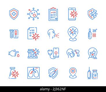 COVID 19 diagnostic, vaccin et prévention. Ensemble d'icônes de couleur de contour pixel Perfect et modifiables Illustration de Vecteur