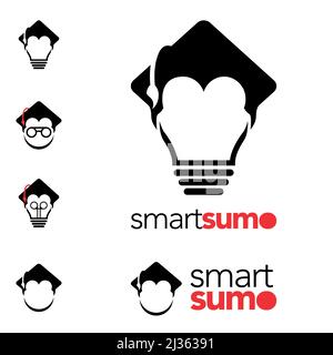 Smart ou Genius Sumo concept, la tête ou les cheveux de sumo combiné avec la casquette universitaire carrée et une certaine version avec une ampoule ou des lunettes Illustration de Vecteur