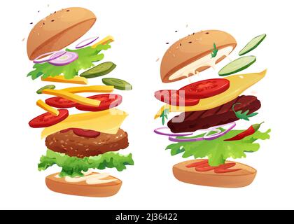 Délicieux hamburger volant avec Chili, tomate, fromage, concombre, viande, oignon, ketchup et salade. Petits pains au sésame. Illustration de dessin animé. Illustration de Vecteur