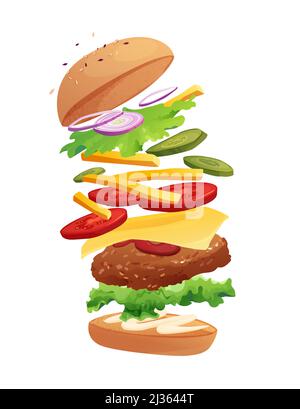 Délicieux hamburger volant avec Chili, tomate, fromage, concombre, viande, oignon, ketchup et salade. Petits pains au sésame. Illustration de dessin animé. Illustration de Vecteur