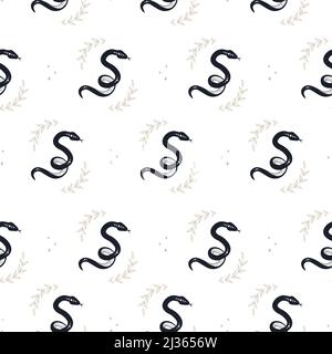 Motif sans couture avec serpent magique et feuilles de boho. Symbole mystique dans un style minimaliste tendance. Illustration du vecteur ésotérique. Bohémien dessiné à la main Illustration de Vecteur