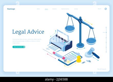 Conseils juridiques page d'accueil isométrique. Assistance d'un avocat pour les questions juridiques de réglementation et le respect des règles. Avocat service, 3d vecteur web b Illustration de Vecteur