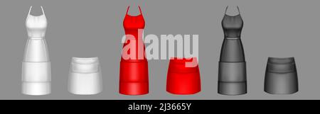 Tabliers de cuisinier, noir, rouge et blanc, maquette 3D vectorielle uniforme. Cuisine femme bavoirs longs et courts ou robe chasuble avec poche avant modèles réalistes. Illustration de Vecteur