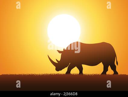 Silhouette illustration d'un rhinocéros sur fond de coucher de soleil Illustration de Vecteur