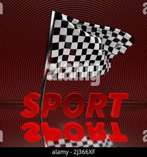 3d illustration gros plan d'un drapeau avec un motif d'échecs pour le début de la course avec l'inscription sport sur fond rouge. Fin du concours f Banque D'Images