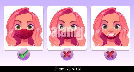 Femme portant le masque de visage mal et de manière correcte. Comment porter un masque de protection pour le visage infographics. Personnage féminin protégeant de la poussière ou du coronavirus Illustration de Vecteur