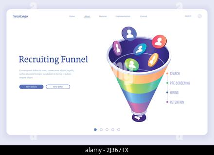 Bannière de l'entonnoir de recrutement. Concept du processus d'embauche de l'organisation, de la recherche et de la sélection du personnel et des employés à l'entreprise. Page d'accueil Vector de Recruit Illustration de Vecteur