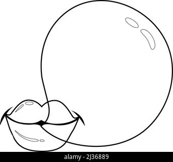 Lèvres soufflant une bulle de bulles. Page de couleur noire et blanche vectorielle Illustration de Vecteur