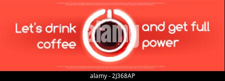 Vue du dessus de la tasse à café espresso comme le signe du bouton d'alimentation sur fond rouge avec du texte. Bannière Vector pour pause café du matin dans un café ou une cafétéria avec r Illustration de Vecteur