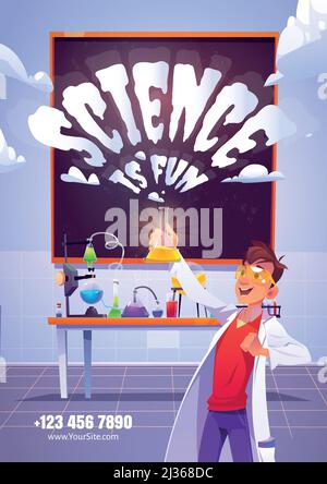 La science est amusante affiche de dessin animé avec le chimiste heureux tenant flacon en verre, faisant des essais de recherche en laboratoire chimique avec l'équipement scientifique, tubes, bea Illustration de Vecteur