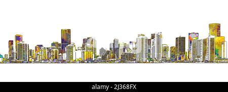 Dessin pop art de la ligne d'horizon du centre-ville de Miami sur fond blanc Banque D'Images