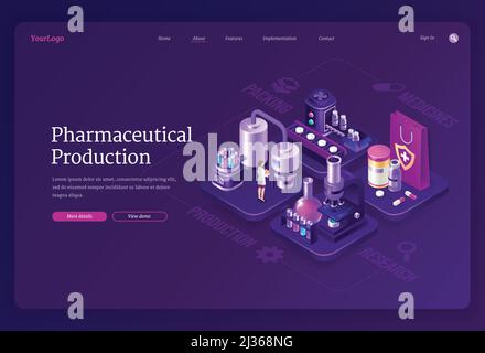 Production pharmaceutique page d'accueil isométrique, femme scientifique en robe stand dans le laboratoire médical près du tapis transporteur avec d'énormes flacons, médicaments, micr Illustration de Vecteur