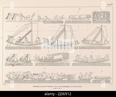 Divers anciens navires égyptiens du livre ' la flotte d'une reine égyptienne ' du XVII siècle avant notre époque et l'armée égyptienne antique sur la parade : Représenté sur un monument du même âge, à la fois en certaines parties restaurées et publiées pour la première fois par l'auteur après une copie prise de la terrasse-temple de Dêr-el-Baheri : Avec une annexe contenant les poissons de la mer Rouge dans la taille originale du monument comme ornements sous la flotte, un certain nombre, chronologiquement arrangé, de représentations de navires égyptiens anciens et quelques représentations et inscriptions de divers Banque D'Images