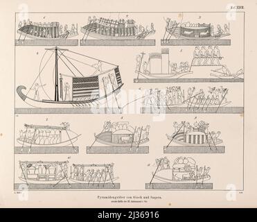 Divers anciens navires égyptiens du livre ' la flotte d'une reine égyptienne ' du XVII siècle avant notre époque et l'armée égyptienne antique sur la parade : Représenté sur un monument du même âge, à la fois en certaines parties restaurées et publiées pour la première fois par l'auteur après une copie prise de la terrasse-temple de Dêr-el-Baheri : Avec une annexe contenant les poissons de la mer Rouge dans la taille originale du monument comme ornements sous la flotte, un certain nombre, chronologiquement arrangé, de représentations de navires égyptiens anciens et quelques représentations et inscriptions de divers Banque D'Images