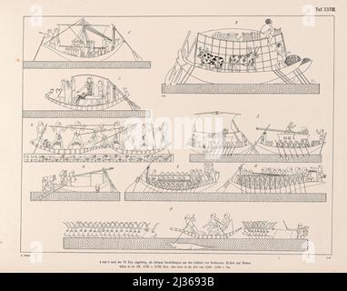 Divers anciens navires égyptiens du livre ' la flotte d'une reine égyptienne ' du XVII siècle avant notre époque et l'armée égyptienne antique sur la parade : Représenté sur un monument du même âge, à la fois en certaines parties restaurées et publiées pour la première fois par l'auteur après une copie prise de la terrasse-temple de Dêr-el-Baheri : Avec une annexe contenant les poissons de la mer Rouge dans la taille originale du monument comme ornements sous la flotte, un certain nombre, chronologiquement arrangé, de représentations de navires égyptiens anciens et quelques représentations et inscriptions de divers Banque D'Images