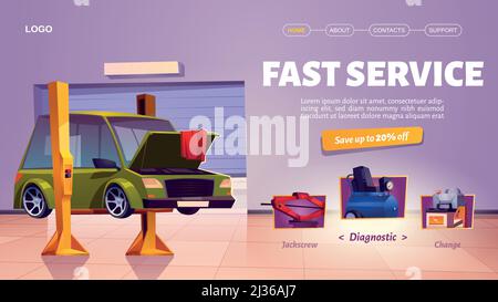Bannière de service de voiture rapide. Centre de maintenance, de diagnostic et de réparation automobile. Page d'accueil Vector avec intérieur de dessin animé de garage mécanique, atelier de véhicule Illustration de Vecteur