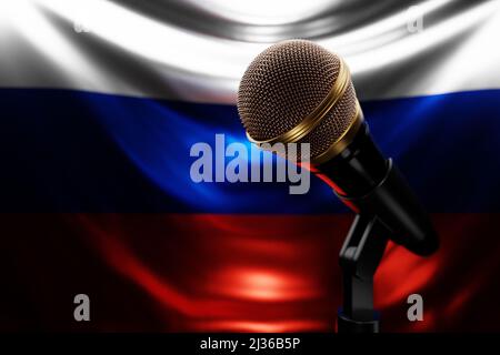 Microphone sur le fond du drapeau national de la Russie, réaliste 3D illustration. Prix de la musique, karaoké, radio et studio d'enregistrement son équipe Banque D'Images