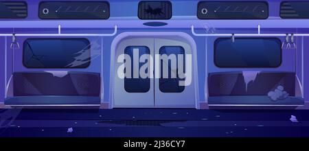 Ancienne voiture de métro à l'intérieur. Vide sale intérieur de wagon de métro la nuit. Illustration vectorielle d'un chariot de chemin de fer souterrain abandonné avec tor Illustration de Vecteur
