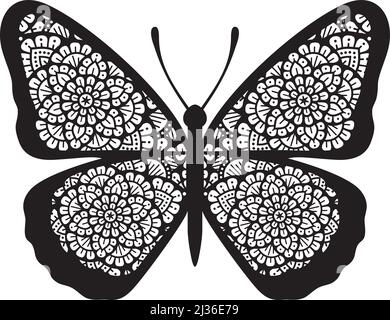 Mandala papillon (conception Boho) noir et blanc. Illustration vectorielle. Illustration de Vecteur