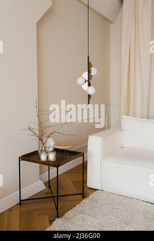 Le véritable intérieur d'un salon lumineux avec un canapé dans un style scandinave moderne minimaliste Banque D'Images