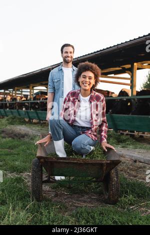 joyeuse femme afro-américaine assise dans une brouette près d'un fermier et d'un abri de vache flou Banque D'Images