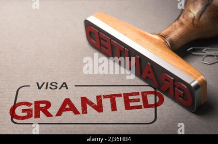 Accordé imprimé sur une boîte rectangulaire avec le mot visa. Concept d'immigation. 3d illustration. Banque D'Images