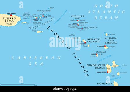 Îles Leeward, carte politique. Partie des Petites Antilles, au nord des îles du vent dans les Caraïbes. Des îles Vierges à la Guadeloupe. Banque D'Images