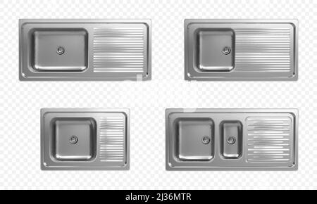Évier de cuisine en acier inoxydable vue de dessus. Ensemble vectoriel réaliste de bols de lavage en acier vides avec égouttoir et égouttoir à ustensiles pour un encastrer dans le plan d'examen de la cuisine. doub 3d Illustration de Vecteur