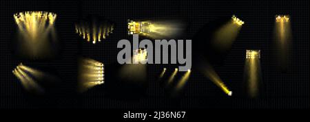 Spots de scène avec faisceaux dorés brillants isolés sur fond noir. Ensemble de projecteurs de stade vectoriels réalistes avec rayons de lumière jaunes. Eclairage e Illustration de Vecteur