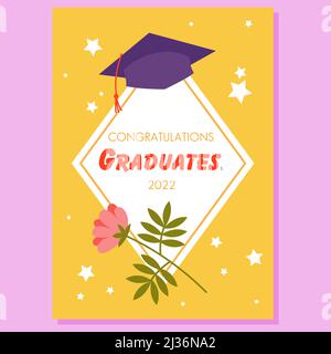 Félicitations, diplômés 2022, invitation carte de vœux avec fleur, chapeau de diplômés Illustration de Vecteur