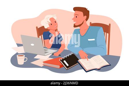 Adulte et enfant faisant des devoirs scolaires ensemble, père et fils assis à table avec des livres Illustration de Vecteur
