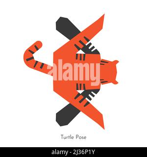 Vecteur concept isolé avec dessin animé animal personnage apprentissage pratique de yoga - Tortue (Turtle) pose. Chine du Sud tigre asana - Kurmasana. Plat Illustration de Vecteur