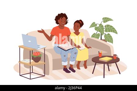 Mère enseignant fille à l'intérieur de la chambre à la maison, femme et fille assis sur le canapé pour étudier Illustration de Vecteur