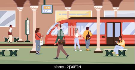 Station de métro à l'intérieur avec passagers, foule de personnes Voyage, attente Illustration de Vecteur