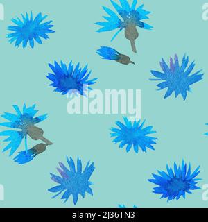 Cornflowers. Motif sans couture. Illustration botanique aquarelle incluse dans la collection de fleurs sauvages. Image isolée sur fond vert clair Banque D'Images