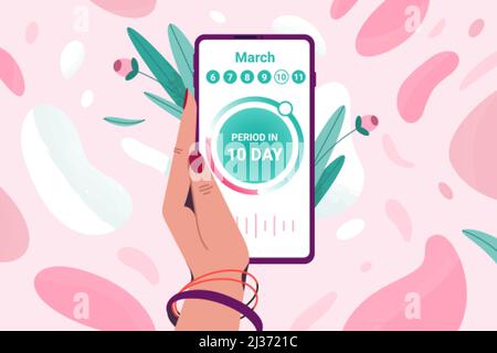 Suivi à plat des règles sur le calendrier. Femme tenant main téléphone mobile pour garder le suivi des cycles menstruels. Surveillance de l'ovulation ou de la période de grossesse par une jeune fille en suivant l'application sur l'écran du smartphone. Illustration de Vecteur