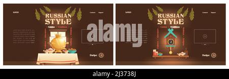 Pages d'atterrissage de dessin animé de style russe, ancienne cuisine rurale traditionnelle intérieur substance samovar sur table avec théière et boulangerie dans les assiettes, Cuckoo-clock, confiture Illustration de Vecteur