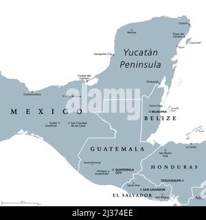 Péninsule du Yucatan, carte politique grise. Péninsule dans le sud-est du Mexique et des parties adjectants du Belize et du Guatemala. Banque D'Images